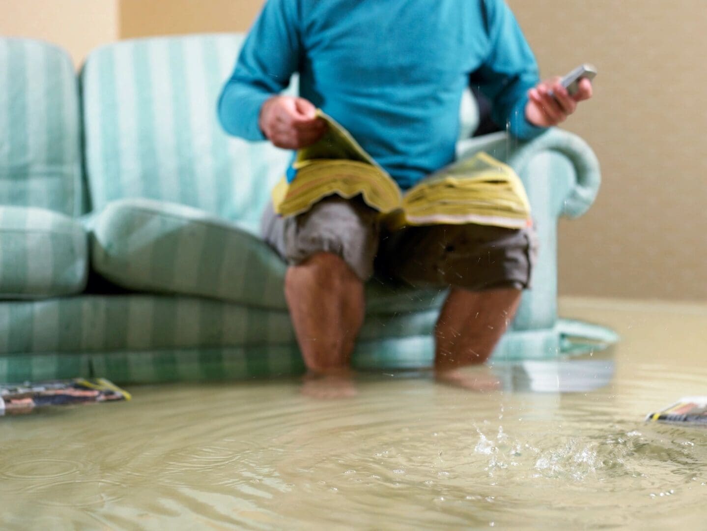 A man sits on a couch holding a phone and a book in a flooded living room, with water ripples visible on the floor.