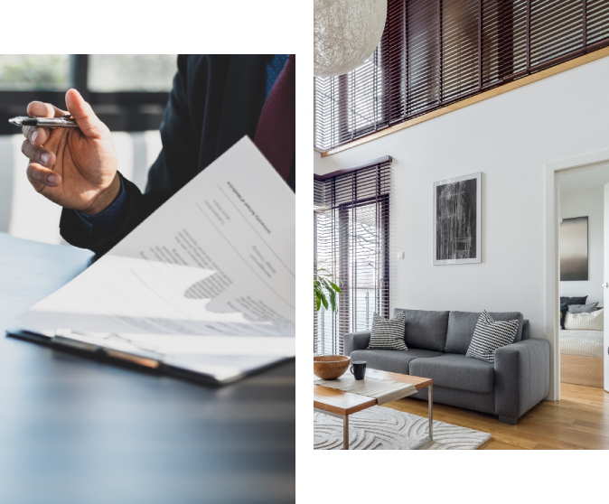 Left image shows a person holding a pen over financial documents. Right image shows a modern living room with a gray sofa, wooden table, and large windows.