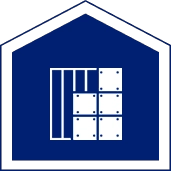 A blue house-shaped icon with a white warehouse symbol, featuring vertical lines and six stacked boxes.