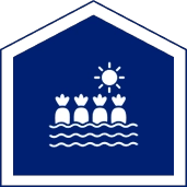 Blue icon of a house shape containing a sun and four stylized crowns above wavy lines, representing water.