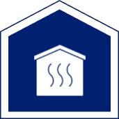 A blue icon featuring a white house with steam lines, symbolizing a sauna.