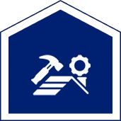 Icon of a hammer, gear, and roof on a blue background.