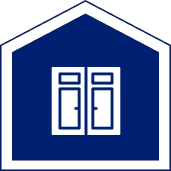 Icon of a house with a blue background featuring a white door with two panels in the center.